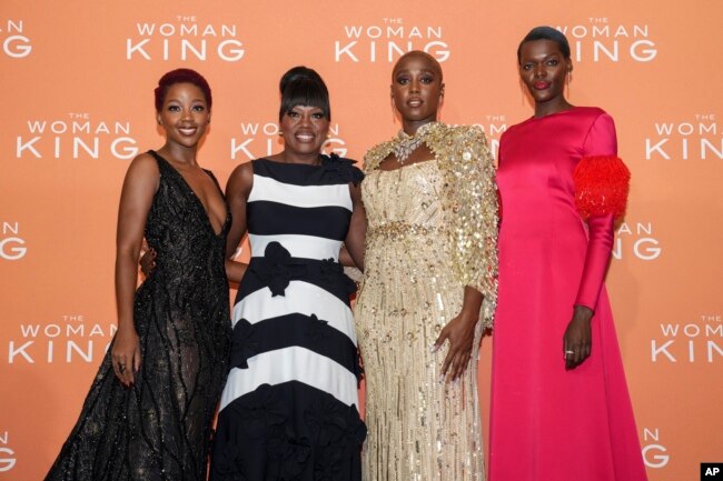 Thuso Mbedu, from left, Viola Davis, Lashana Lynch and Sheila Atim pose for photographers upon arrival for the UK Gala Screening of the film 'The Woman King' in London, Monday, Oct. 3, 2022. (Photo by Scott Garfitt/Invision/AP)