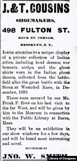 This notice in the New York Sun nerwspaper July 17, 1891, advertised the display of Wounded Knee artifacts and remains collected by shoe salesman Frank P. Root. Courtesy Library of Congress digital newspaper collection.