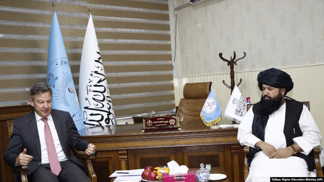 In this photo provided by the Taliban Higher Education Ministry, United Nations official Markus Potzel, left, meets with Taliban Higher Education Minister Nida Mohammad Nadim in Kabul, Afghanistan, on Jan. 7, 2023. 