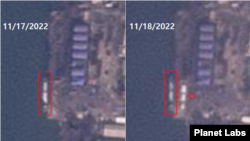북한 송림항을 촬영한 17일(왼쪽)과 18일 자 위성사진. 대형 선박 한 척(사각형 안)이 하얀색 물체를 싣고 있는 가운데 18일부터 이 선박 앞 부두 야적장에 하얀색 물체(화살표)가 쌓이기 시작했다. 자료=Planet Labs
