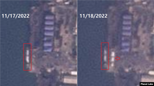 북한 송림항을 촬영한 17일(왼쪽)과 18일 자 위성사진. 대형 선박 한 척(사각형 안)이 하얀색 물체를 싣고 있는 가운데 18일부터 이 선박 앞 부두 야적장에 하얀색 물체(화살표)가 쌓이기 시작했다. 자료=Planet Labs