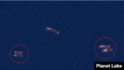 북한 서해 초도 남단 해상을 촬영한 위성사진에 선박 간 환적에 가담한 것으로 보이는 선박 6척(원 안)이 보인다. 사진=Planet Labs
