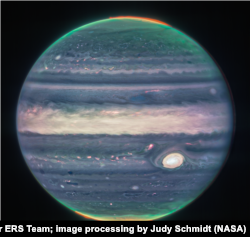 Webb NIRCam composite image of Jupiter from three filters – F360M (red), F212N (yellow-green), and F150W2 (cyan) – and alignment due to the planet’s rotation. Credit: NASA, ESA, CSA, Jupiter ERS Team; image processing by Judy Schmidt.
