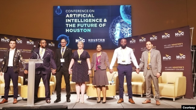 From left: students Igor Lucic, Denzel Wilson, Clark Horak, Dina Marie Stager, Neethianand Gangidi, and Ayomide Sofunwa, and Samir Saber, dean of Houston Community College Digital and Information Technology /center of Excellence. (photo courtesy of Houston Community College Southwest Communications)