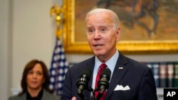 President Joe Biden speaks about border security in the Roosevelt Room of the White House, Jan. 5, 2023, in Washington. Vice President Kamala Harris stands at left.