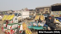 Penjual buah menunggu pelanggan di Srinagar mandi di Parimpora, barat laut Kota Srinagar, enam enam kilometer dari Lal Chowk Srinagar.