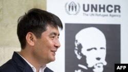 Nansen Prize laureate Kyrgyzstan's human rights lawyer Azizbek Ashurov looks on after a press conference on October 2, 2019 in Geneva. 
