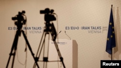 Video cameras set for start of news conference, Vienna International Center, May 14, 2014.