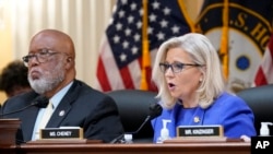 FILE - Vice Chair Liz Cheney, gives her opening remarks as Committee Chairman Rep. Bennie Thompson, left, looks on, as the House select committee investigating the Jan. 6, 2021, attack on the U.S. Capitol holds one of its public hearing.