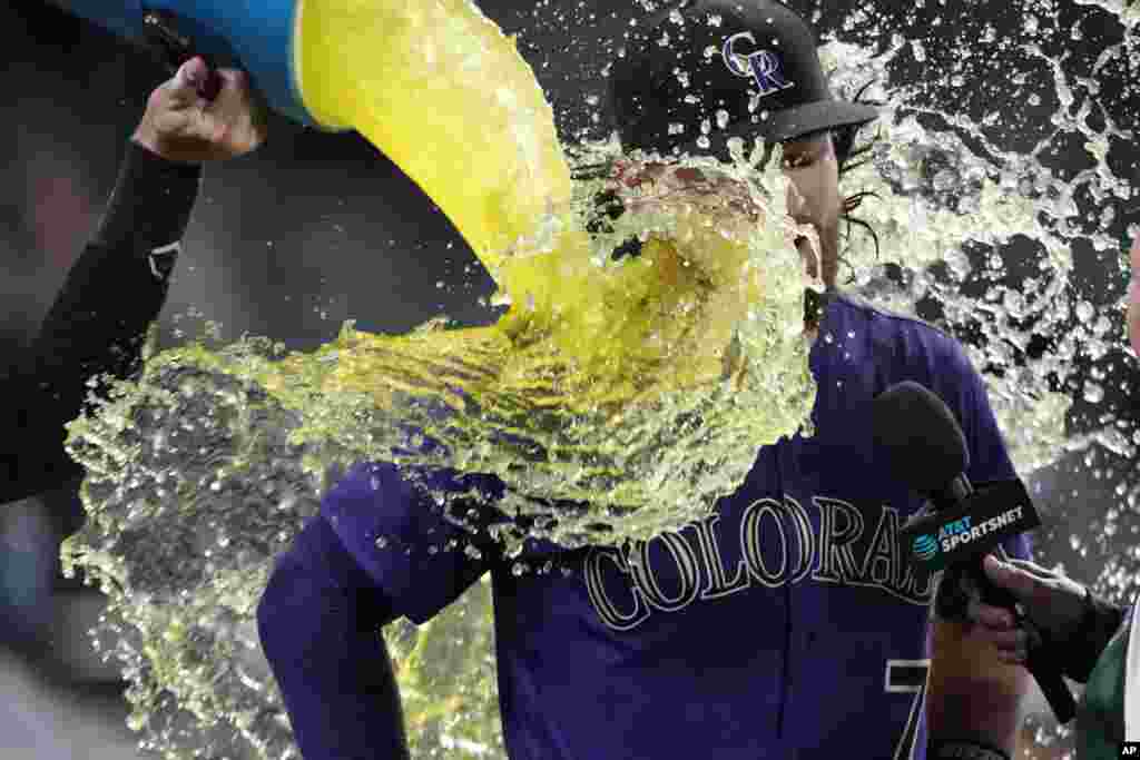Colorado Rockies&#39; Charlie Blackmon, left, douses Brendan Rodgers after the latter&#39;s two-run home run off Miami Marlins relief pitcher Cole Sulser during the 10th inning of the second game of a baseball doubleheader, June 1, 2022, in Denver, Colorado.