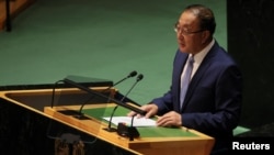 장쥔 유엔주재 중국대사가 8일 안보리 대북 결의 무산과 관련해 열린 유엔 총회에서 발언하고 있다.