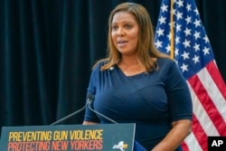 FILE - New York Attorney General Letitia James speaks during a ceremony in New York, June 6, 2022.
