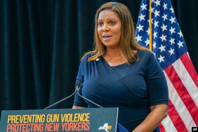 FILE - New York Attorney General Letitia James speaks during a ceremony in New York, June 6, 2022.