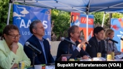 The candidates for the L.A. Mayoral race, Karen Bass,(From Left) Joe Buscaino, Mike Feuer, and Kevin De Leon meet with members of the Thai Communities during a meet and greet with Mayoral event at the Wat Thai of LA (Thai Temple of LA).May 2022.