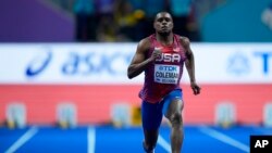 FILE - Christian Coleman of the United States competes in a men's 60 meters heat at the World Athletics Indoor Championships in Belgrade, Serbia, March 19, 2022. Coleman won the men's 100 meters in 9.92 seconds at the NYC Grand Prix on June 12, 2022.