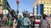 Cambodian-U.S. lawyer Theary Seng dressed up as a chained Statue of Liberty, arrives for her treason verdict at Phnom Penh Municipal Court, in Phnom Penh, Cambodia, June 14, 2022. 