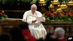 Pope Francis delivers the homily during a Pentecost Mass celebrated by Cardinal Giovanni Battista Re inside St. Peter's Basilica at the Vatican, June 5, 2022. 