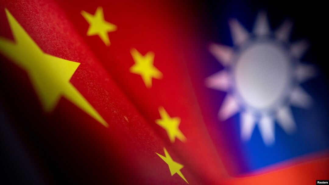 Chinese and Taiwanese printed flags are seen in this photo illustration.