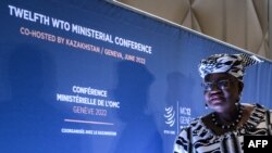 World Trade Organization director-general Ngozi Okonjo-Iweala leaves a press conference at the start of a four-day WTO Ministerial Conference in Geneva on June 12, 2022.