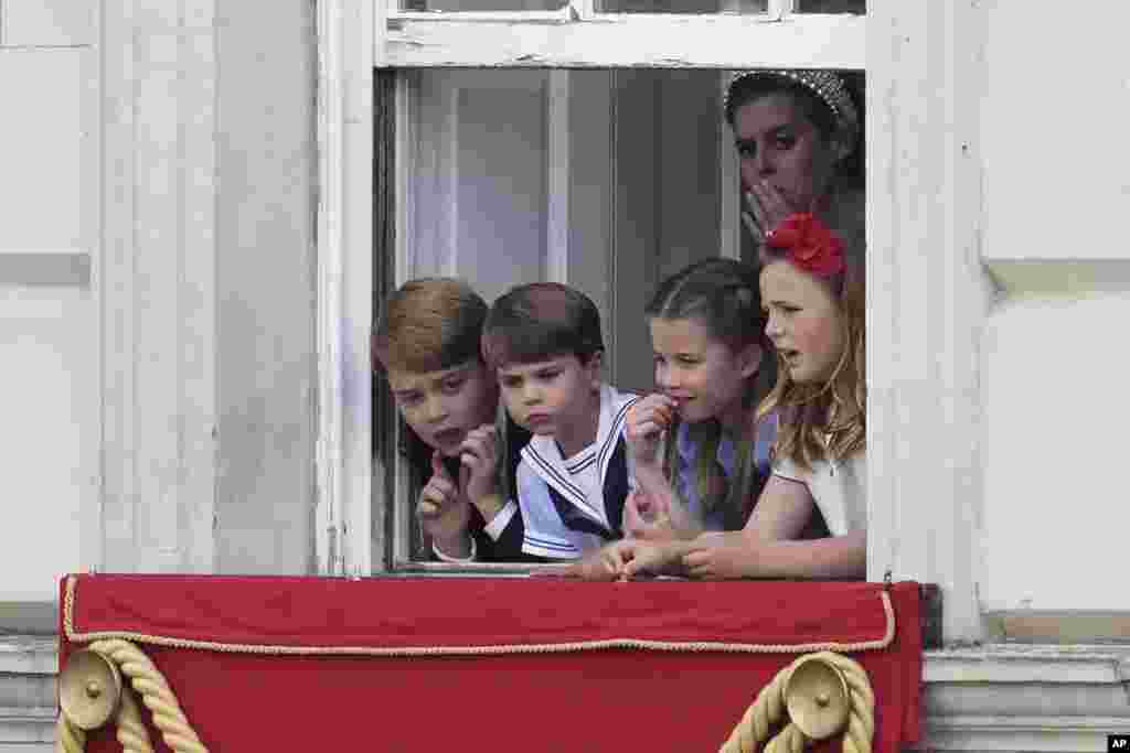 Prince George, Princess Charlotte and Prince Louis watch the Trooping of the Color in London, June 2, 2022.