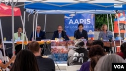 The candidates for the L.A. Mayoral race, Karen Bass,(From Left) Joe Buscaino, Mike Feuer, and Kevin De Leon meet with members of the Thai Community during a meet and greets with Mayoral event at the Wat Thai of LA (Thai Temple of LA).May 2022.