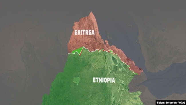 A map of Eritrea and Ethiopia depicts the border between the countries based on an international ruling in 2002. Each country disputed portions of the ruling but agreed to accept the terms in full. But Ethiopia prevented demarcation of the border, resulting in 16 years of unresolved tension between the countries. In June 2018, the Ethiopian government said it would agree to implementing the terms of the 2002 ruling in full.