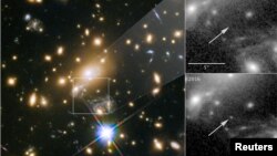 NASA’s Hubble Space Telescope image of a blue supergiant star the Icarus, the farthest individual star ever seen, is shown in this image released April 2, 2018. The panels at the right show the view in 2011, without Icarus visible, compared with the star's brightening in 2016. 