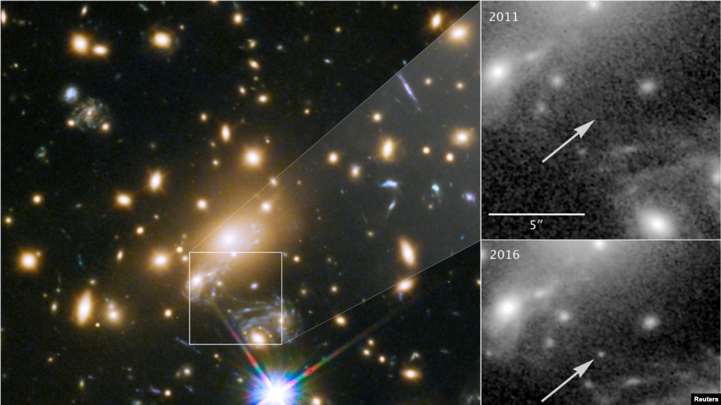 Imagen tomada por el telescopio espacial Hubble de NASA de una estrella azul sÃºper gigante llamada Ãcaro, la mÃ¡s distante estrella individual jamÃ¡s vista. April 2, 2018. 