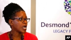 FILE - The Rev. Mpho Tutu, the daughter of retired South African Archbishop Desmond Tutu, speaks in Cape Town, South Africa, Aug. 18, 2015.