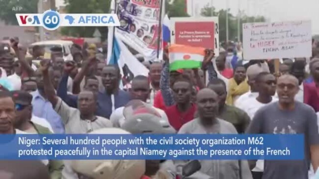 VOA60 Africa - M62 affiliated protesters march against French military in Niger