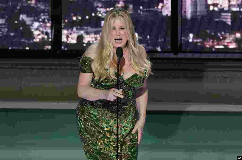 Jennifer Coolidge accepts the Emmy for outstanding supporting actress in a limited or anthology series or movie for "The White Lotus" at the 74th Primetime Emmy Awards at the Microsoft Theater in Los Angeles, Sept. 12, 2022.