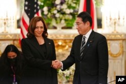 美国副总统哈里斯在东京参加前首相安倍晋三国葬期间与日本首相岸田文雄举行会晤。（2022年9月26日）