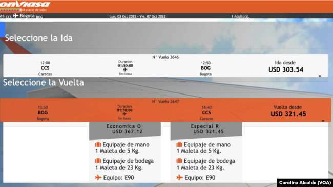 El sitio web de CONVIASA ofrece vuelos a Colombia el viernes, 23 de septiembre de 2022.