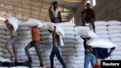 FILE - Laborers at the World Food Program warehouse in Adama town, Ethiopia, offload bags of grains as part of relief food that was sent from Ukraine, Sept. 8, 2022.
