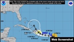 Mapa del pronóstico para tres días de la trayectoria de la tormenta tropical Fiona tomada del sitio web del Centro Nacionl de Huracanes de EEUU, el 16 de septiembre de 2022.