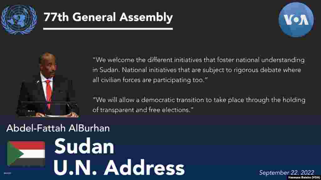 President of Sudan's Transitional Government Abdel-Fattah Al-Burhan addressed the 77th session of the United Nations General Assembly in New York, Tuesday, Sept. 22, 2022.  