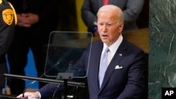 Prezidan Etazini Joe Biden pwononse yon diskou devan Asanble Jeneral Nasyonzini nan Nouyok, Mekredi 21 Sept. 2022. 