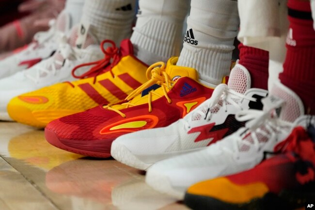 FILE - Basketball sneakers are seen at a game, in Chicago, Illinois, March 29, 2022.