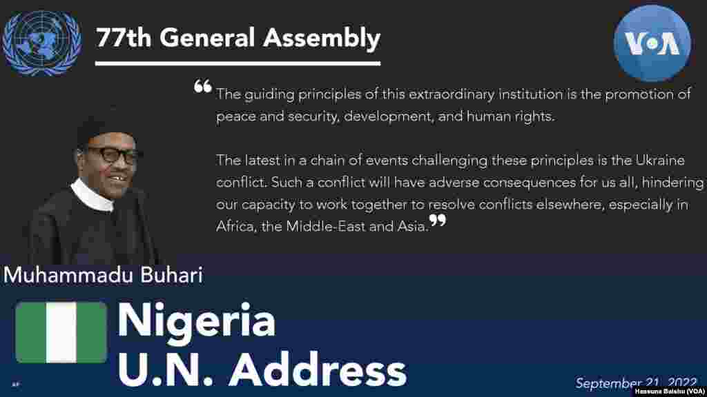 Nigeria's President Muhammadu Buhari addressed the 77th session of the United Nations General Assembly in New York, Tuesday, Sept. 21, 2022. 