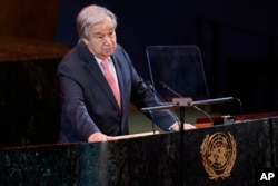 United Nations Secretary-General Antonio Guterres speaks at the start of the Transforming Education Summit at United Nations headquarters, Monday, Sept. 19, 2022. (AP Photo/Seth Wenig)