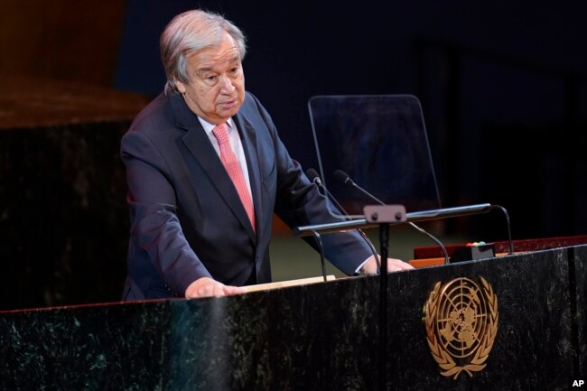 United Nations Secretary-General Antonio Guterres speaks at the start of the Transforming Education Summit at United Nations headquarters, Monday, Sept. 19, 2022. (AP Photo/Seth Wenig)