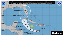 Cono de trayectoria de la tormenta tropical Ian, que se espera que se convierta en huracán el fin de semana, informó el NHC. Según los pronósticos, Ian llegará a Florida la semana próxima como un huracán de fuerza mayor, después de azotar a Cuba. Foto: NHC.
