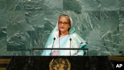 Prime Minister of Bangladesh Sheikh Hasina addresses the 77th session of the United Nations General Assembly at U.N. headquarters, Friday, Sept. 23, 2022. (AP Photo/Jason DeCrow)