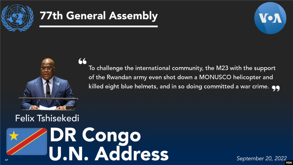 Democratic Republic of Congo&#39;s President Felix Tshisekedi addressed the 77th session of the United Nations General Assembly in New York, Tuesday, Sept. 20, 2022. &nbsp;