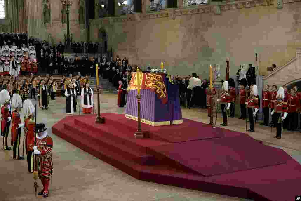 The coffin of Queen Elizabeth II in Westminster Hall in London, Sept. 14, 2022.