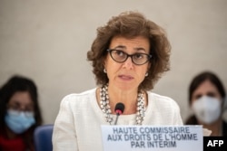 United Nations Acting High Commissioner for Human Rights Nada Al-Nashif delivers a speech at the U.N. offices in Geneva, Sept. 12, 2022.
