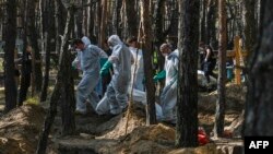 Para petugas forensik membawa kantong-kantong mayat di lokasi kuburan massal yang ditemukan di sebuah hutan pinggiran kota Izyum, Ukraina timur, 18 September 2022 (foto: dok). 