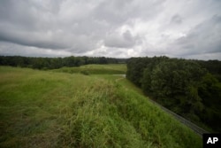 The landscape is seen from the top of the Great Temple Mound, a nine-story-tall earthen structure that gave Native Americans a 360-degree view of their territory before they were forcibly removed in the 1820s, in Macon, Ga., Aug. 22, 2022.