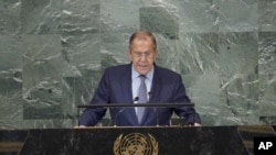 Menteri Luar Negeri Rusia Sergey Lavrov berpidato di pertemuan tahunan Majelis Umum PBB hari Sabtu, 24 September 2022. 