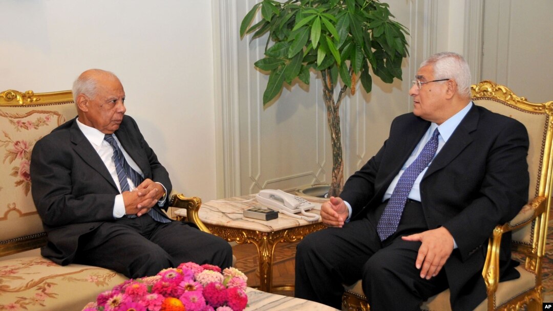 Tổng thống lâm thời Ai Cập Adly Mansour (phải) họp với ông Hazem el-Beblawi tại Cairo, Ai Cập, 9/7/13